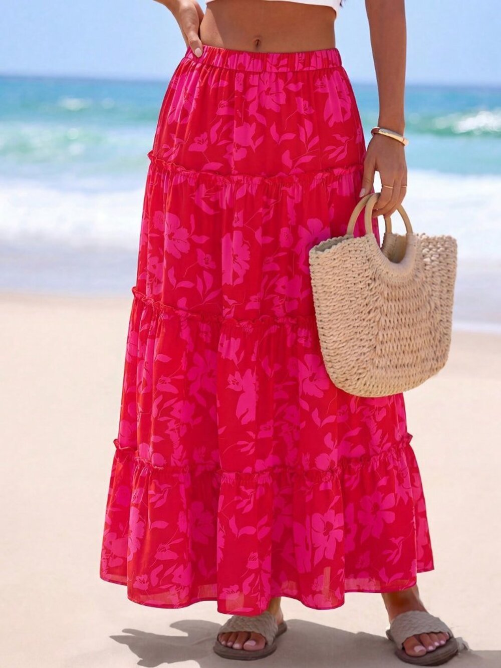 Red And Pink Casual Women's Floral Tiered A-Line Maxi Skirt - Picture 3 of 5
